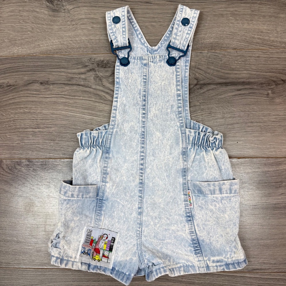 Vintage Gymboree Acid Wash Denim Shortalls City Skyline Patch Kids S